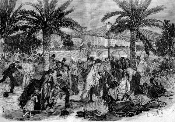 Rassemblement après les premières secousses
              du 23 février 1887. [Gravure parue dans La République
              illustrée, 19 mars 1887.]